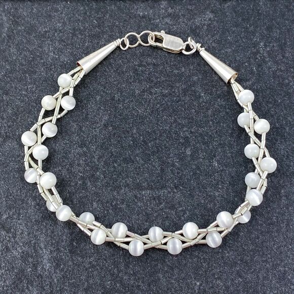 Braided White Synthetic Cat's Eye Bracelet | Sterling Liquid Silver 925 | 7" - Picture 3 of 5